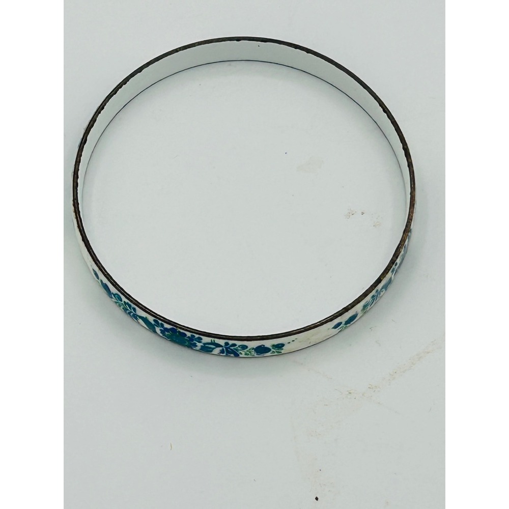 Vintage Heavy Enamel Bangle Bracelet Blue Green Folk Floral White Boho Stackable - Picture 3 of 4